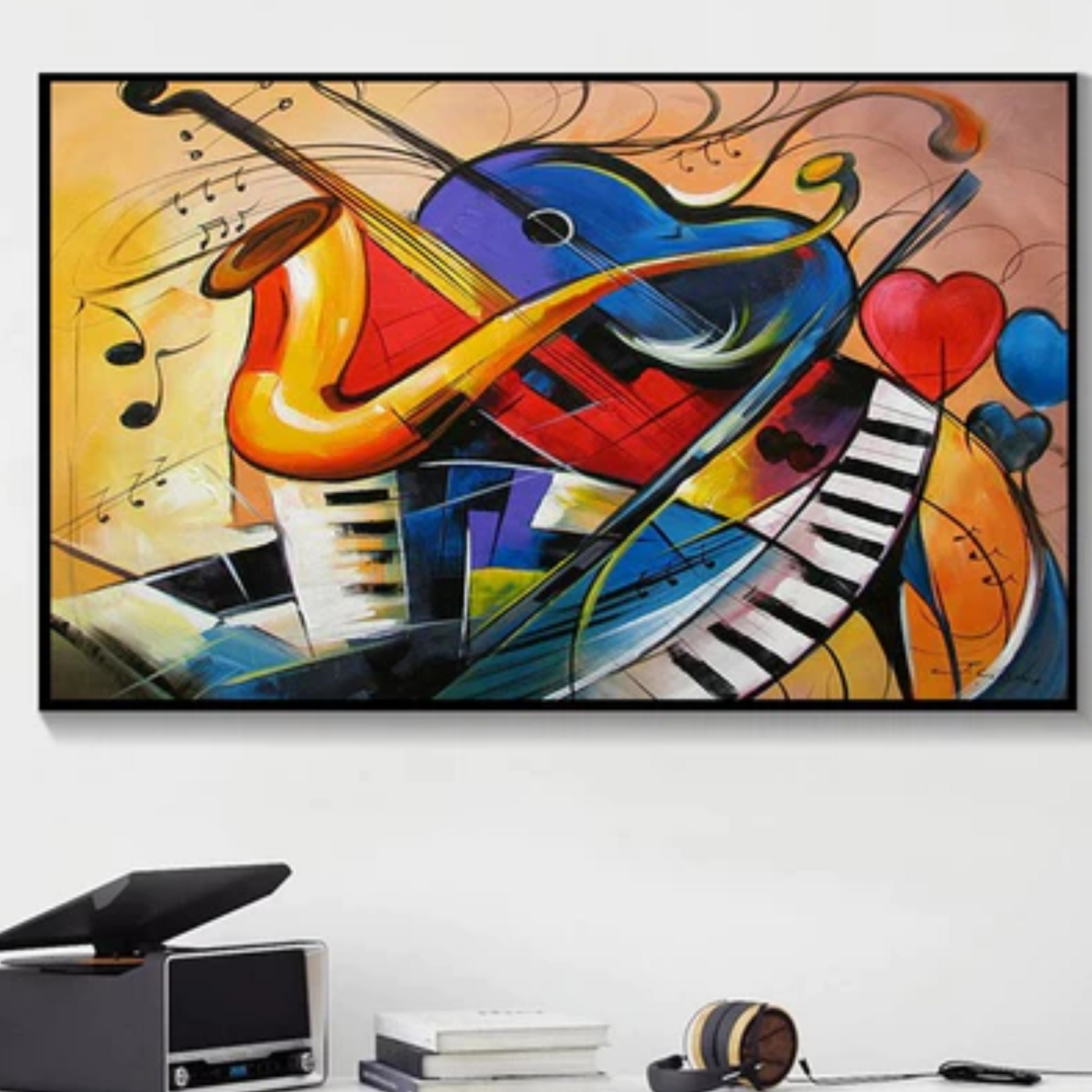Quadro decoracao estudio sala quarto moderno instrumentos musicais colorido peça unica