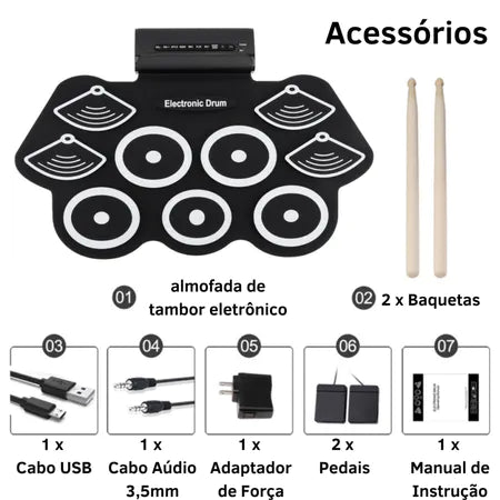 Bateria Eletronica Instrumento Musical Portátil Digital 9 Pads