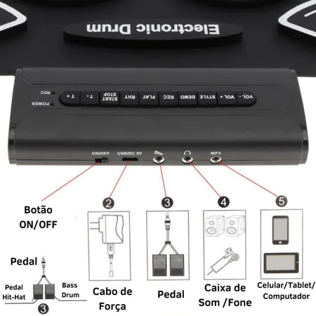 Bateria Eletronica Instrumento Musical Portátil Digital 9 Pads