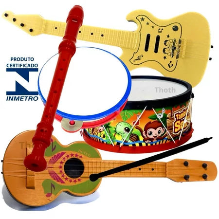 Kit Musical Brinquedos Educativo C/5 Instrumentos Tambor Violão pandeiro Flauta Infantil