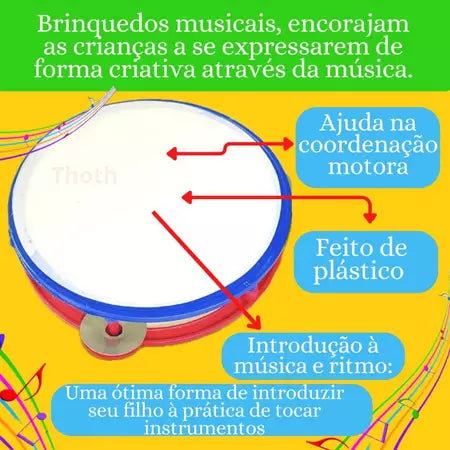 Kit Musical Brinquedos Educativo C/5 Instrumentos Tambor Violão pandeiro Flauta Infantil