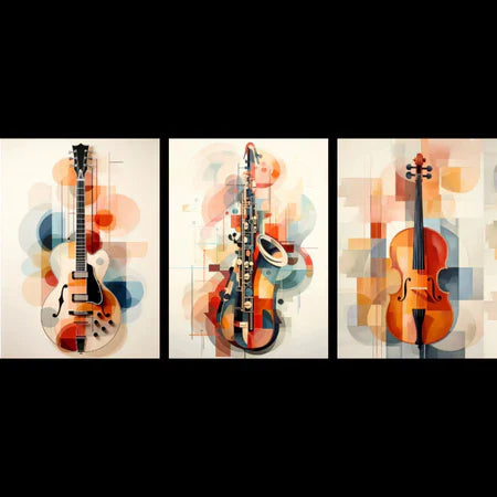 Quadros Decorativos 3 Peças 60x40 Decoração Para Músicos Violão Saxofone e Violino | Quadro de Decoração Para Quarto, Sala,