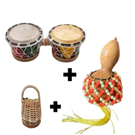 kit percussão - Bongô + xequere PP afoxe -, tambor, caxixi, percussão, ab,agbe, instrumento artesanal bahia