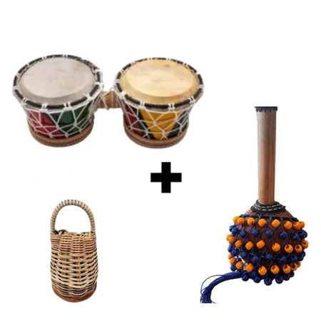 kit percussão - Bongô + xequere PP afoxe -, tambor, caxixi, percussão, ab,agbe, instrumento artesanal bahia
