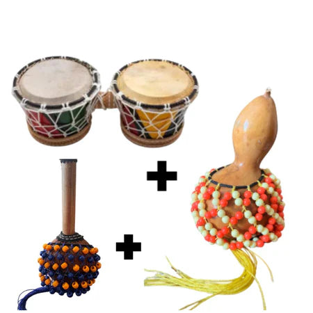 kit percussão - Bongô + xequere PP afoxe -, tambor, caxixi, percussão, ab,agbe, instrumento artesanal bahia